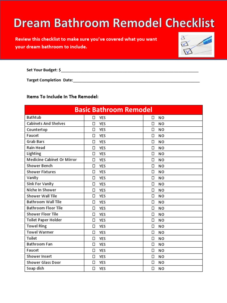 Free Printable Bathroom Remodel Checklist