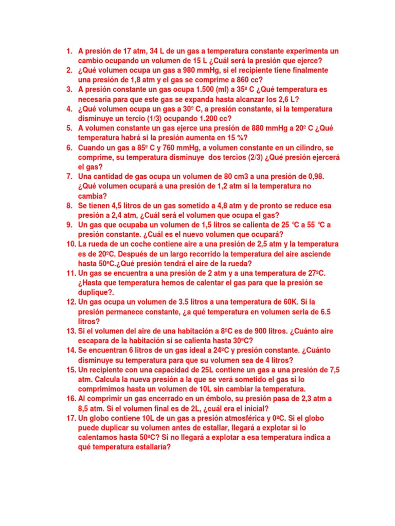 Ejercicios Leyes Boyle Charles y Gay | PDF | Gases | Física