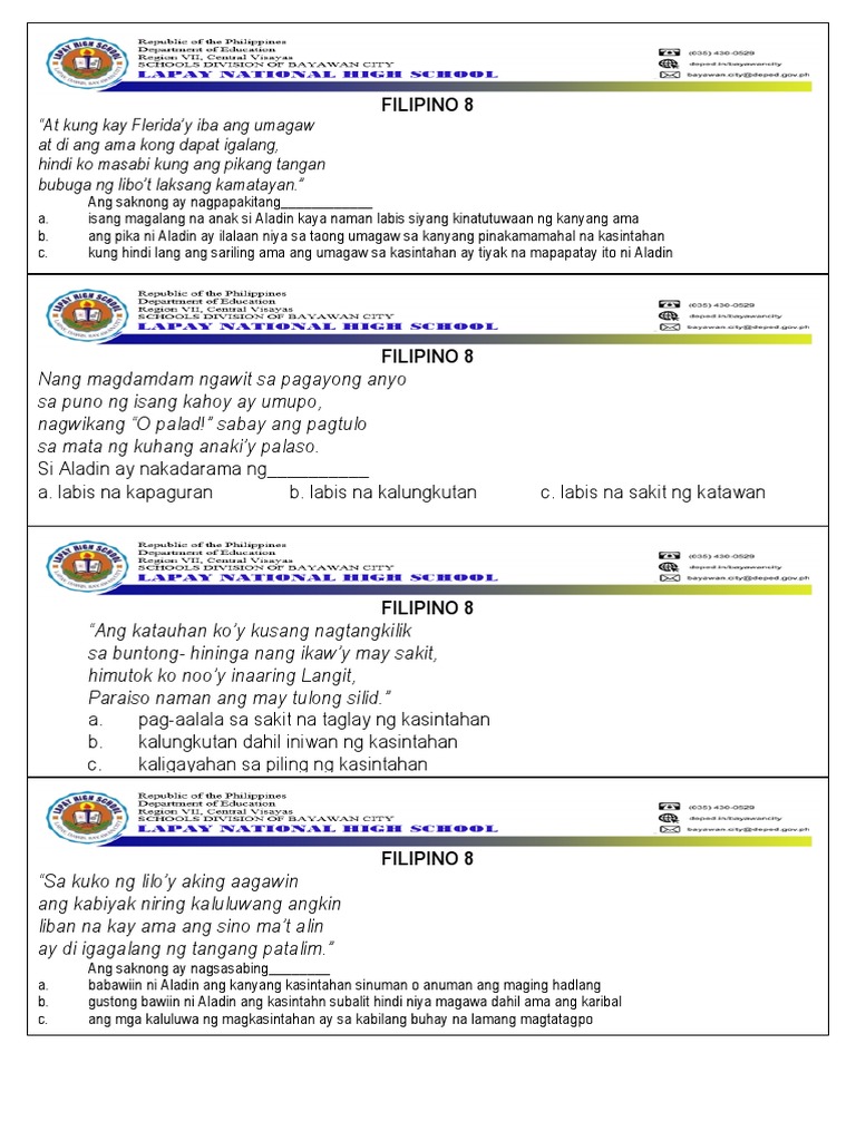 Filipino 8 Test Item Bank | PDF