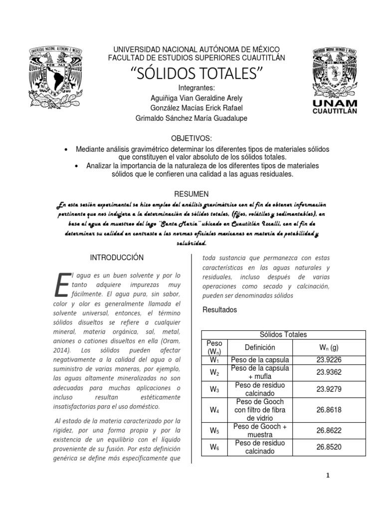 Análisis de Sólidos Totales en Agua | PDF | Solvente | Agua
