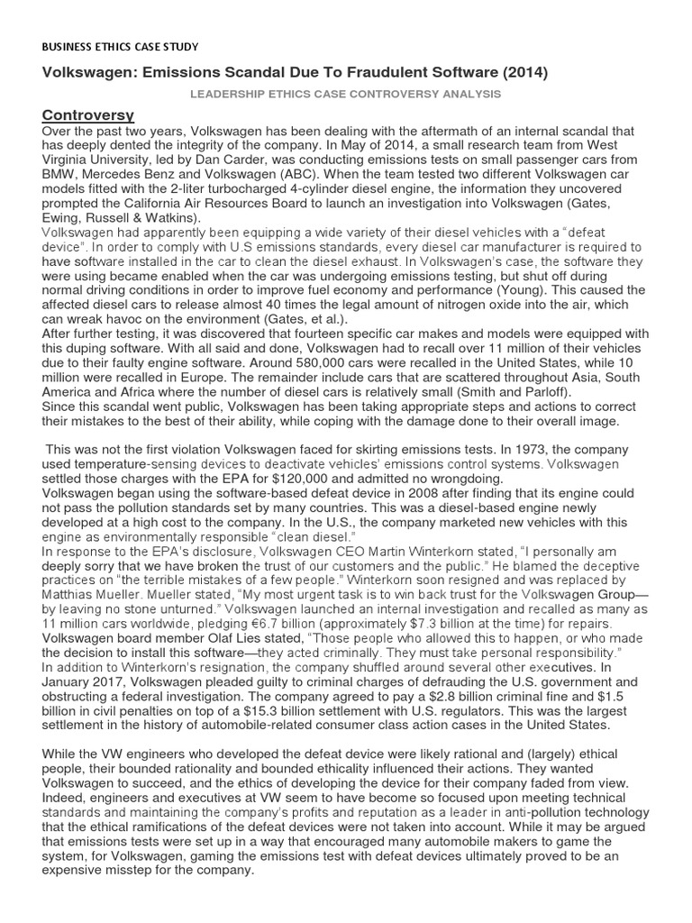 Business Ethics Case Study Pdf Pdf Volkswagen Virtue Ethics