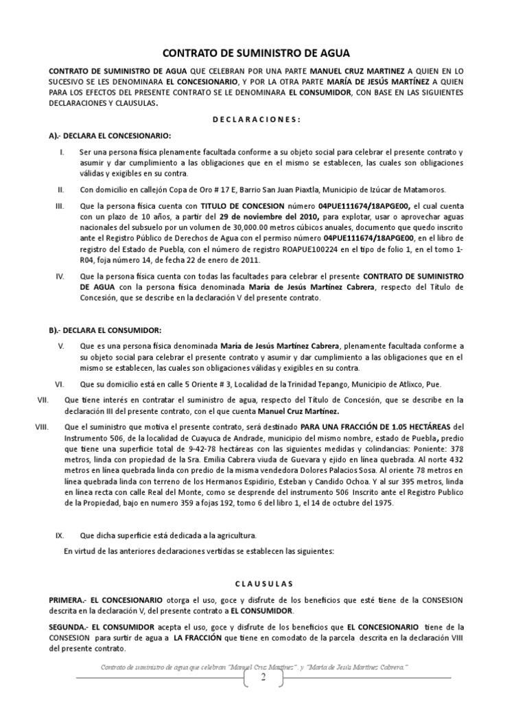 CONTRATO DE SUMINISTRO DE AGUA de CUAYUCA | PDF