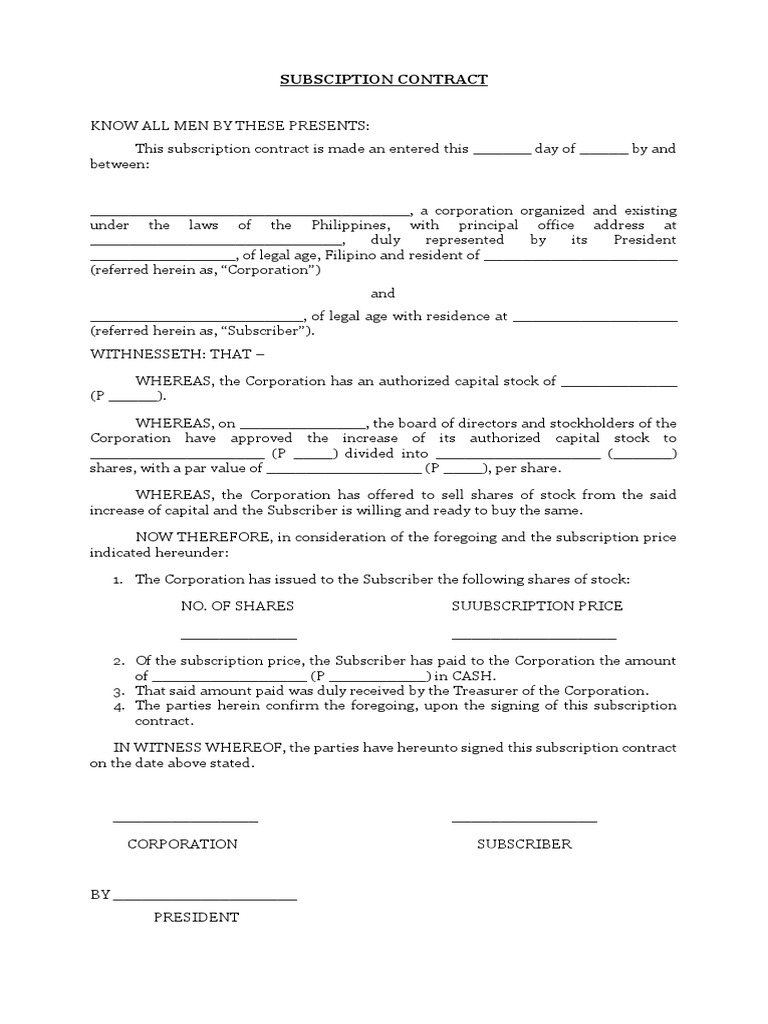 Stock Subscription Contract Template | PDF | Subscription Business ...