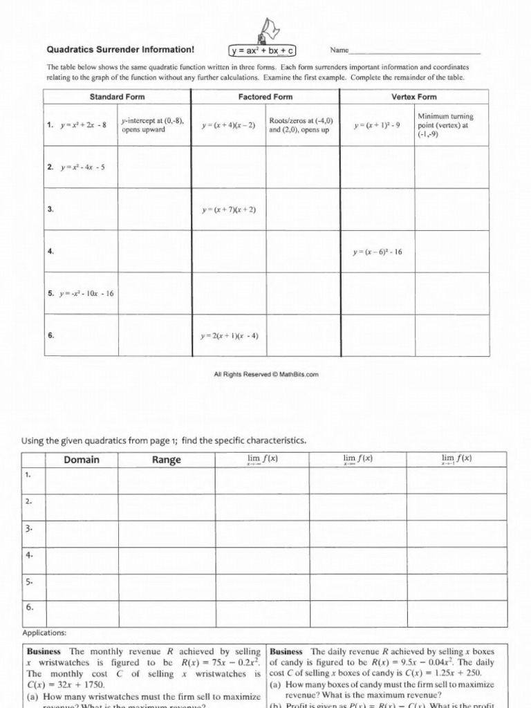 Hw Quadratics 1 Pdf Quadratic Equation Function Mathematics