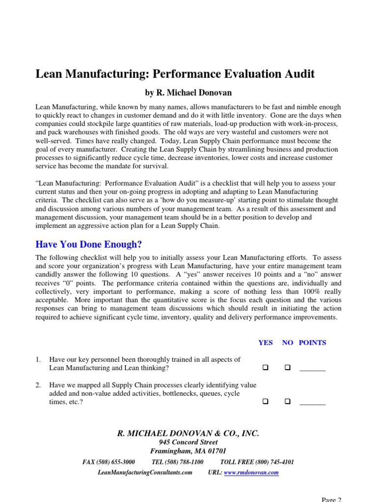 Lean Manufacturing Performance Audit Checklist | PDF | Lean ...