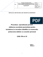 PROCEDURA 15-privind obtinerea   acordului pacientului     pentru includerea in cercetare stiintifica si   consecutiv, prelucrarea     datelor cu caracter personal