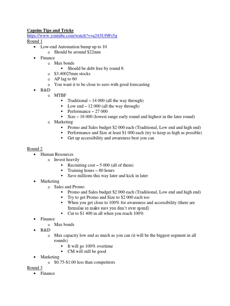 Capsim Tips and Tricks | PDF | Bonds (Finance) | Market (Economics)