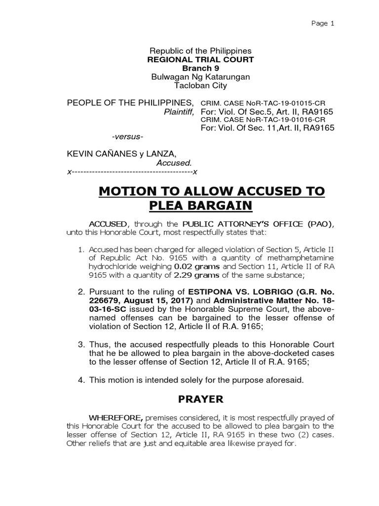 Motion for Plea Bargain in Drug Case | PDF | Finance & Money Management ...