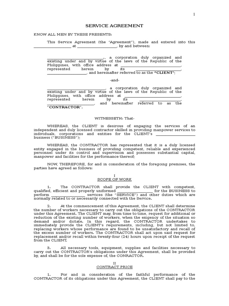 Service Agreement for Manpower Services | PDF | Finance & Money Management