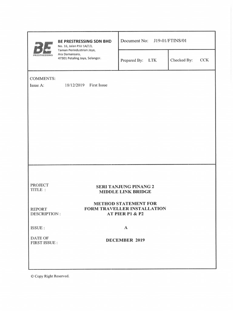 Method Statement For Form Traveller Installation P1 & P2 | PDF