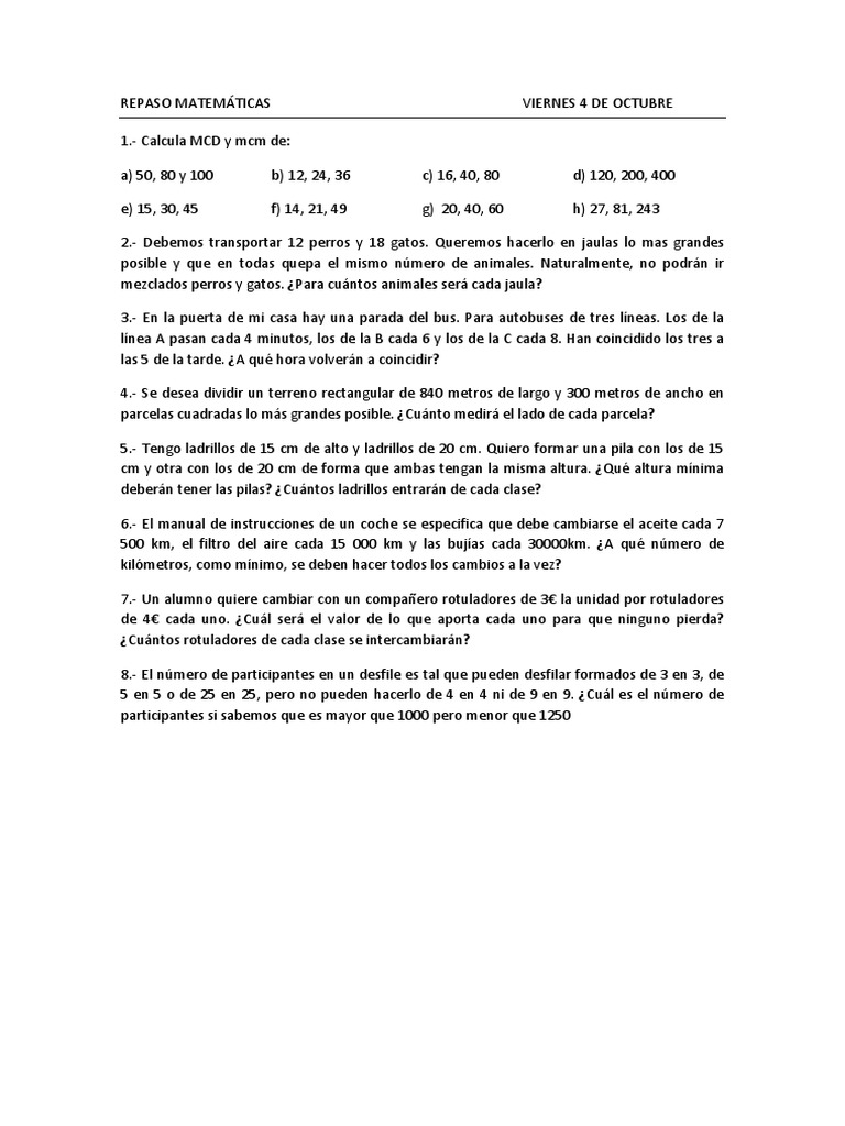 Ejercicios de MCM y MCD para 1º ESO | PDF | Métodos y materiales de ...