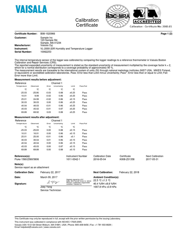 Sample Calibration Report Vaisala Validation Mapping PDF