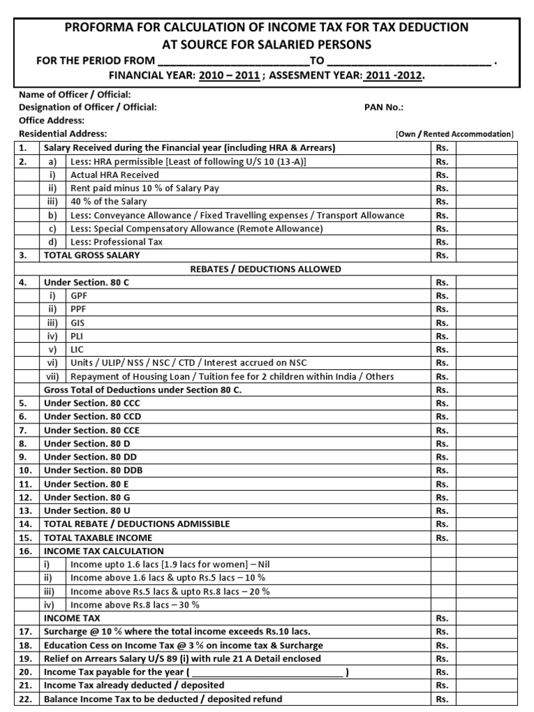Proforma For Calculation of Tax For Tax Deduction Tax