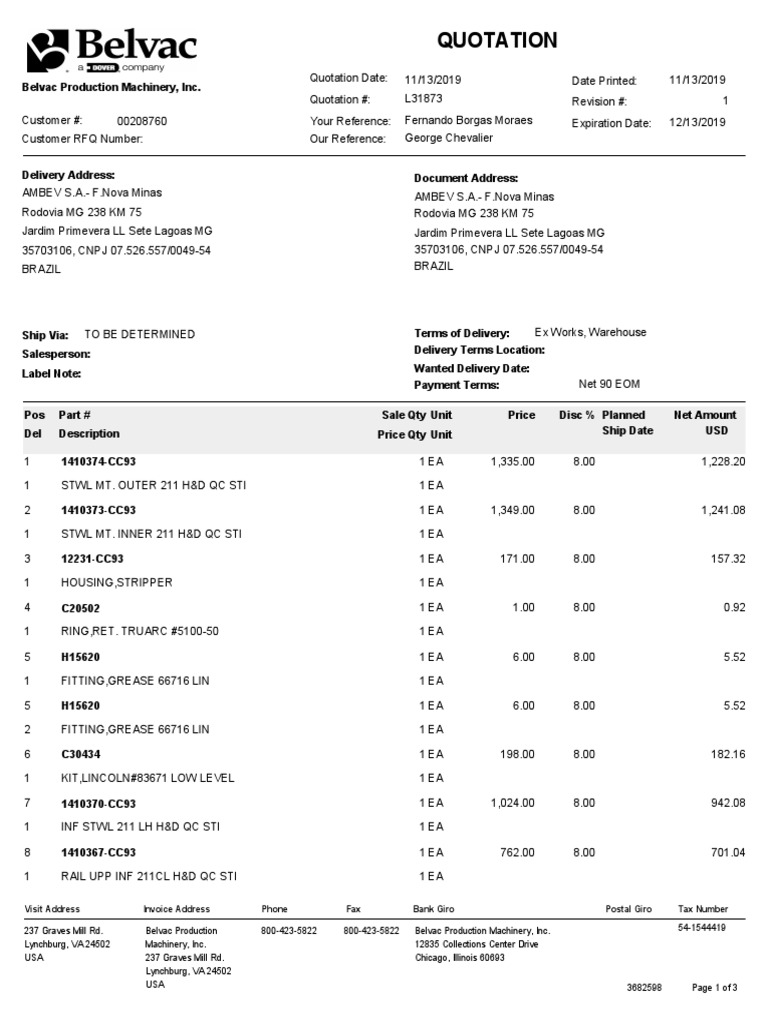 Belvac Quotation for AMBEV S.A. | PDF
