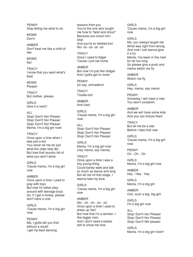 Mama Im A Big Girl Now Lyrics PDF
