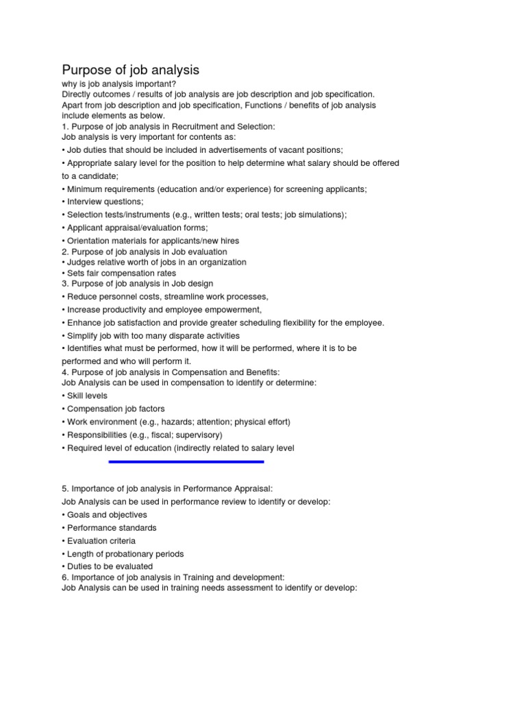 Purpose of Job Analysis Performance Appraisal Employment