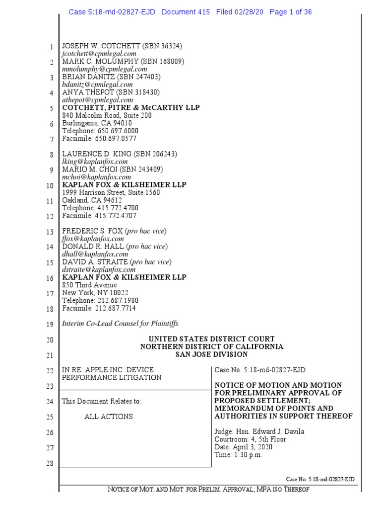 In Re Apple Inc Device Performance Litigation No. 18-md-02827 | PDF