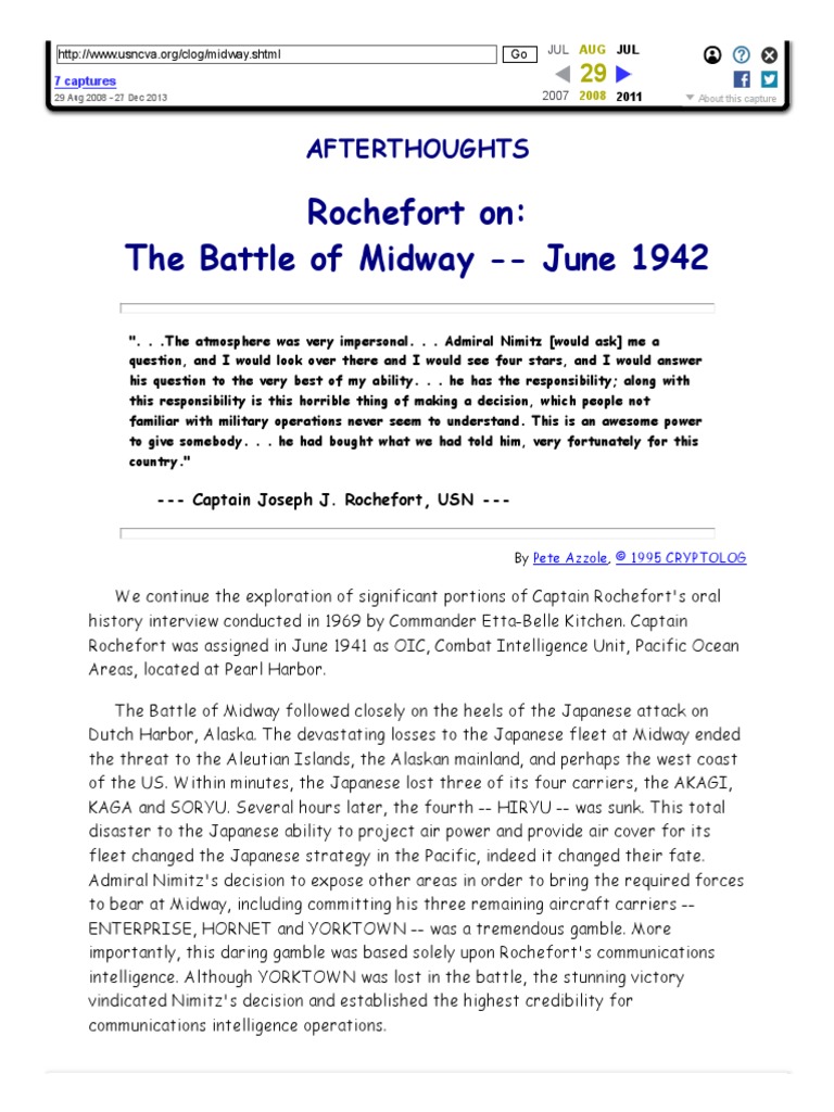 Captain Joseph Rochefort On The Battle of Midway PDF Battle Of