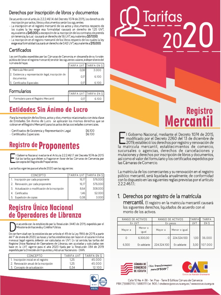 Tarifas Registro Camara de Comercio | PDF | Business