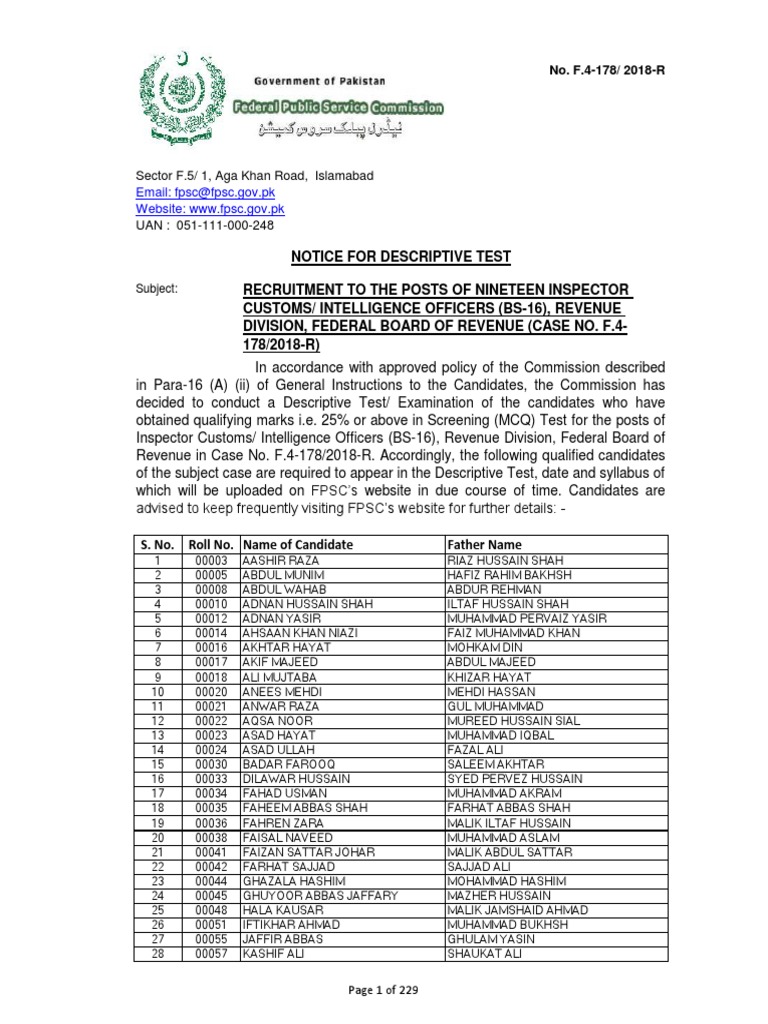 F4 178 18 Descriptive Test List Of Candidates Pdf Sports