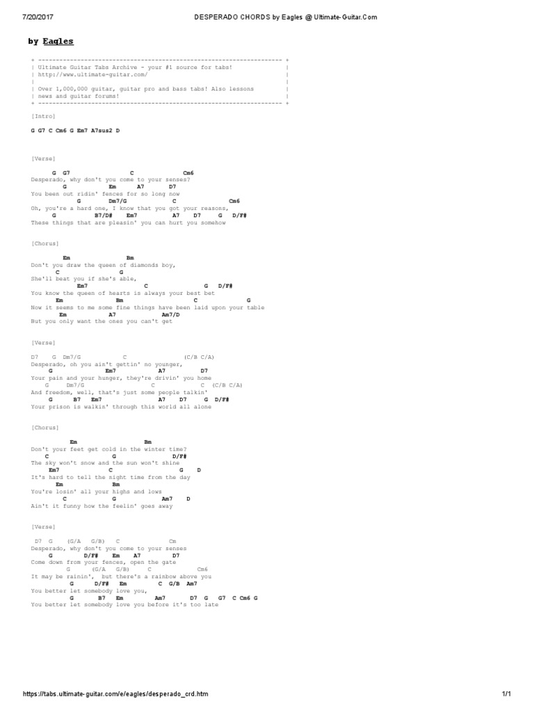 DESPERADO CHORDS by Eagles | PDF | Musical Forms