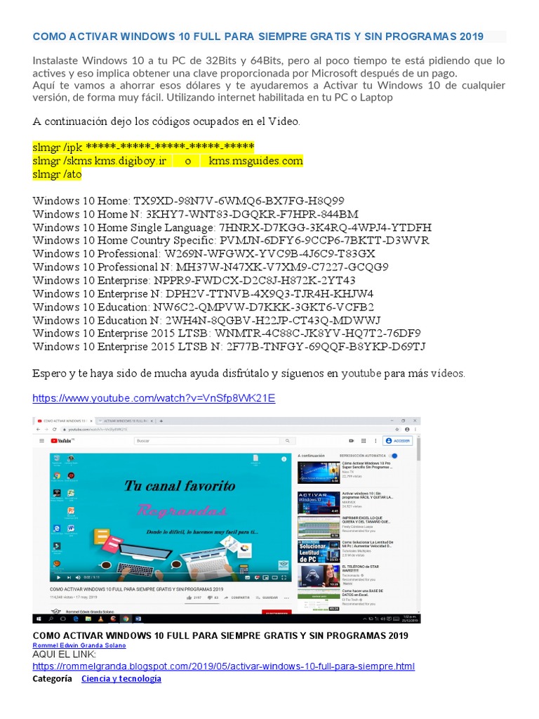 Como Activar Windows 10 Full para Siempre Gratis y Sin Programas 2019 ...