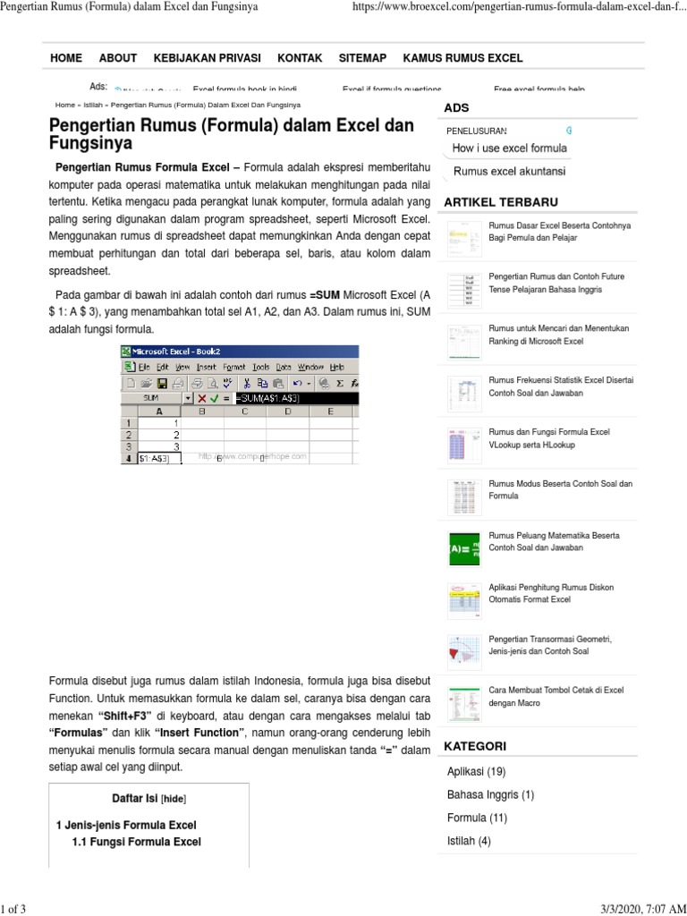 Pengertian Rumus (Formula) Dalam Excel Dan Fungsinya | PDF
