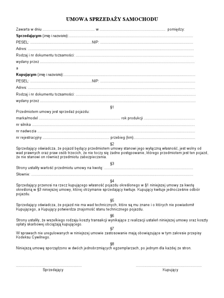 Umowa Kupna Sprzedazy Samochodu