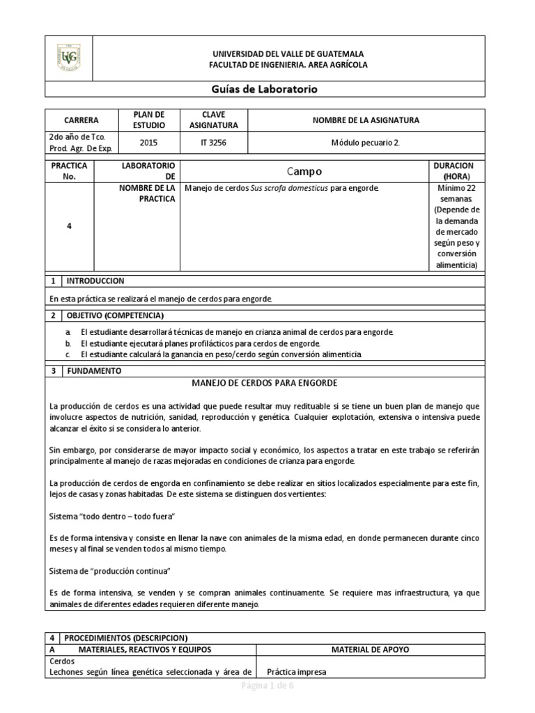 Manejo de Cerdos para Engorde | PDF | Cerdo doméstico | Laboratorios