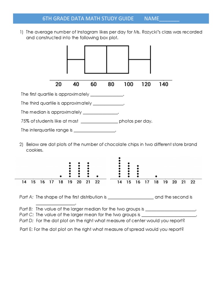 6th Grade Data Math Study Guide | PDF | Outlier | Mean