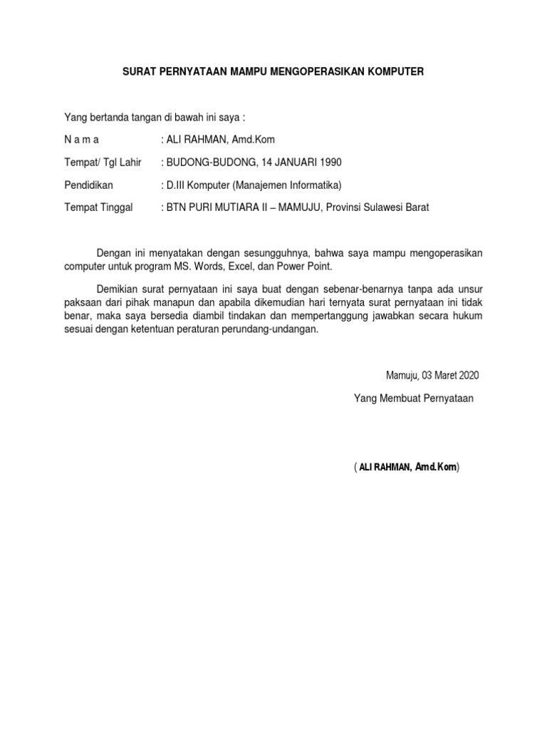 Surat Pernyataan Mampu Mengoperasikan Komputer