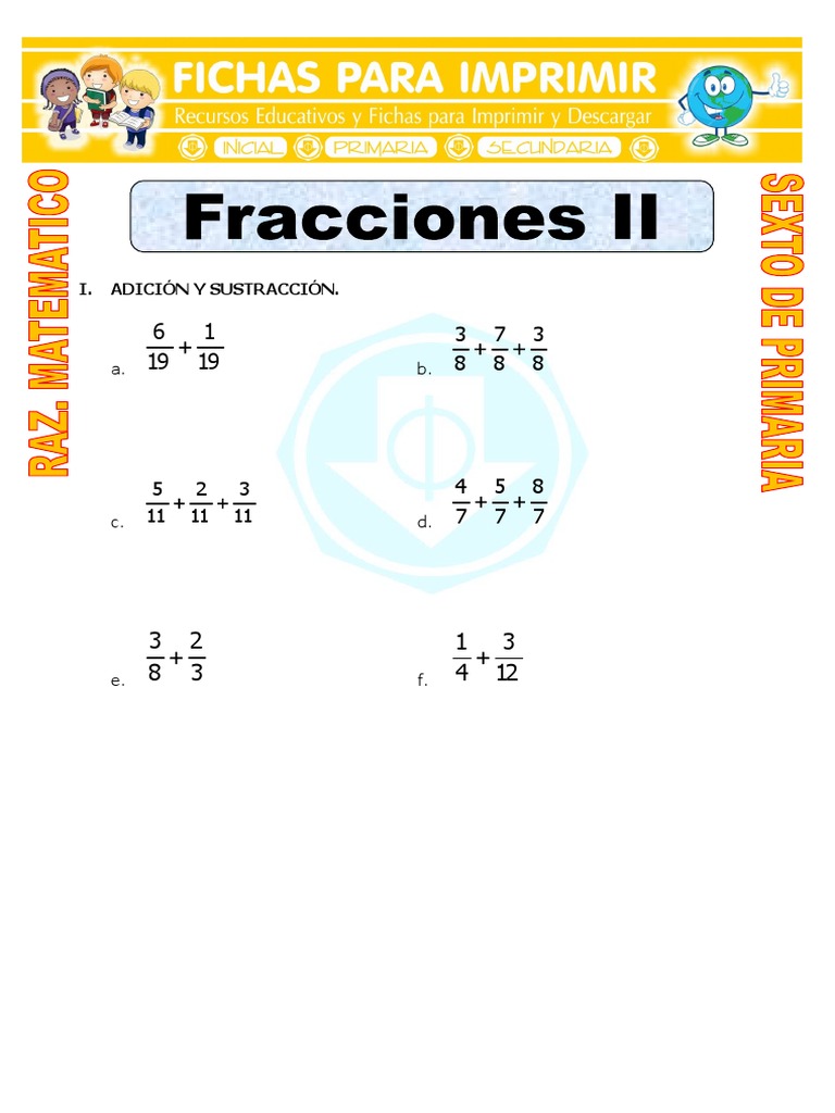 Ejercicios Con Fracciones para Sexto de Primaria | PDF | Enseñanza de ...