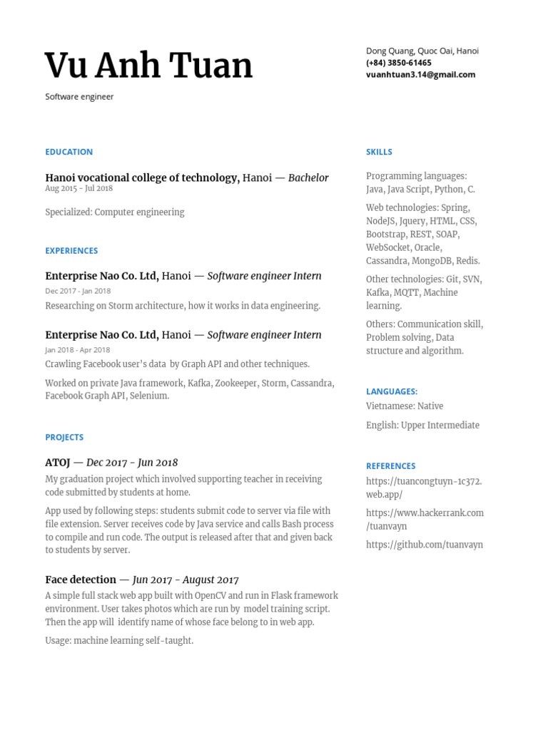 Software Engineer Resume - Vu Anh Tuan | PDF | Web Application | Java ...