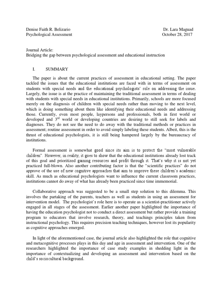 Bridging The Gap Between Psychological Assessment And Educational