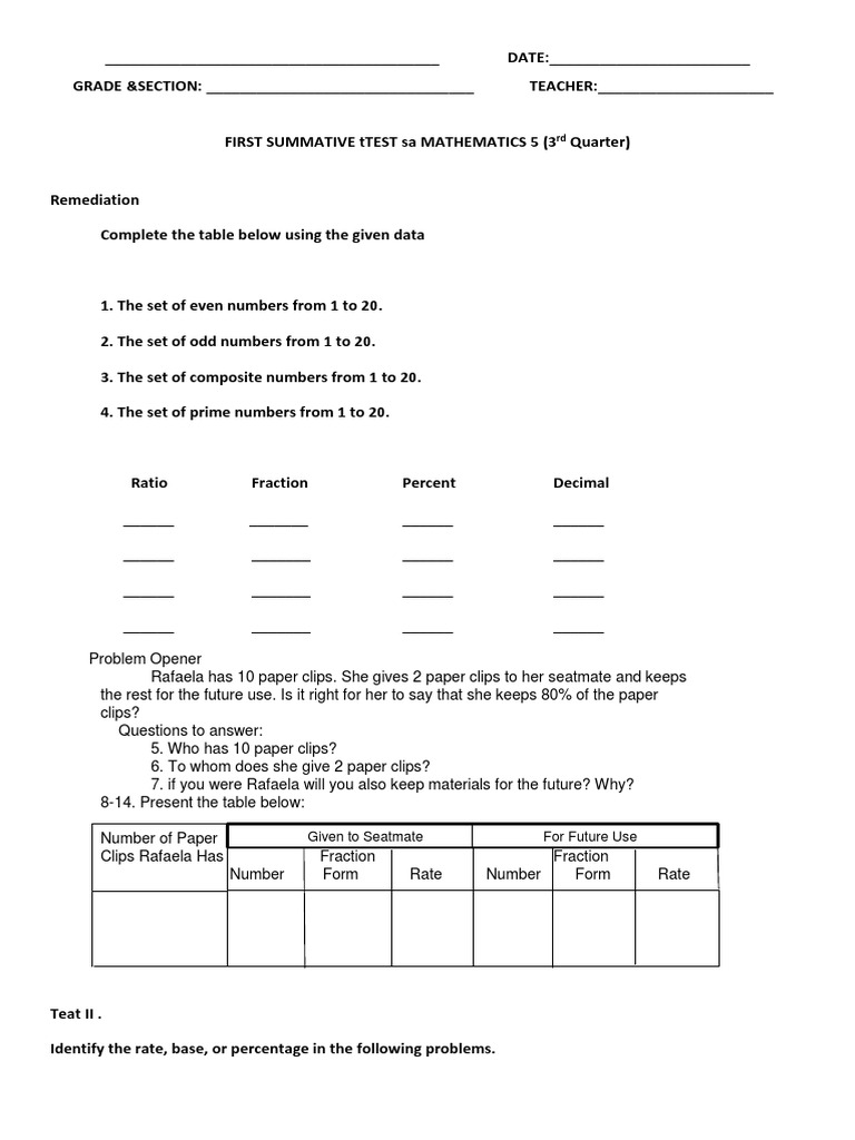 5th Grade Math and Social Studies Test | PDF | Percentage | Elementary ...