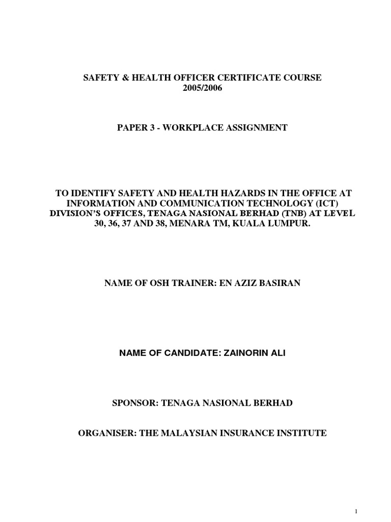 Safety and Health Officer (SHO), Workplace Assignment WPA Paper 4 ...