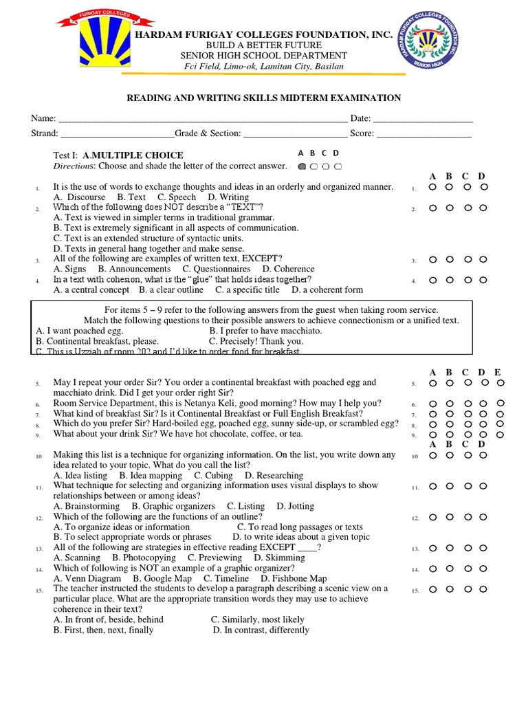 Senior High Reading & Writing Midterm Exam | PDF