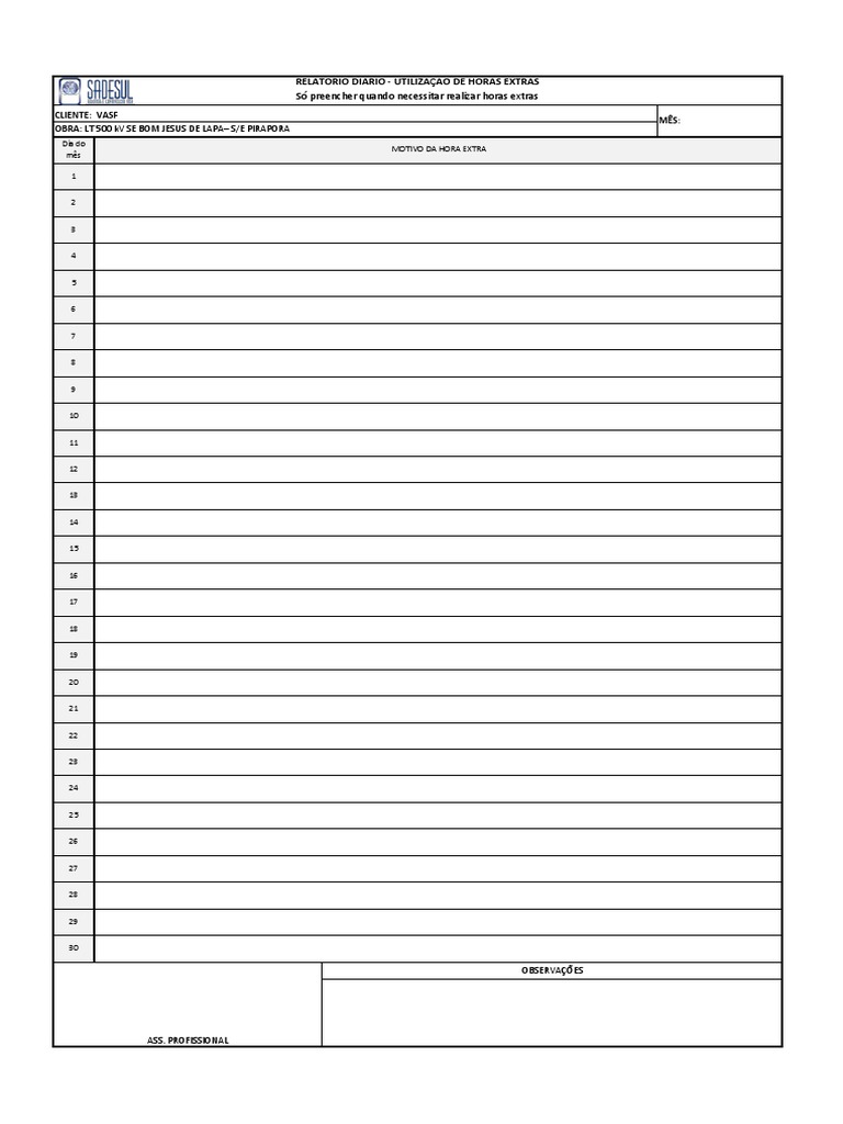 Relatório Diário de Horas Extras VASF | PDF