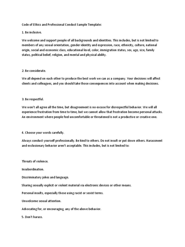 Code of Ethics Template for Inclusivity | PDF | Career & Growth | Self ...