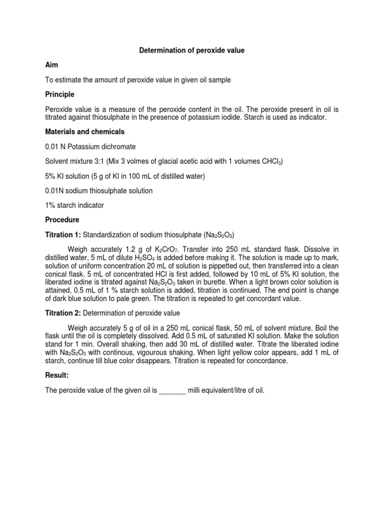 Determination of Peroxide Value PDF Titration Chemistry