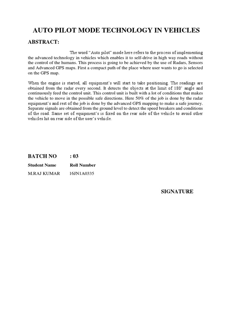Auto Pilot Mode Technology in Vehicles PDF