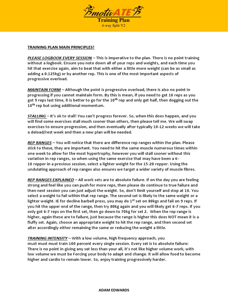 4-Way Split Training Plan V2 | PDF | Dance Science | Musculoskeletal System