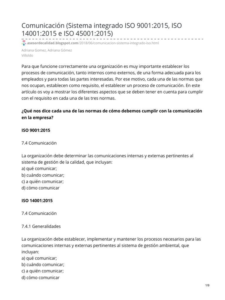 Comunicación Sistema Integrado ISO 90012015 ISO 140012015 e ISO ...