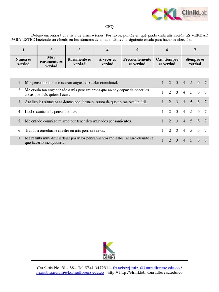 cfq-CUESTIONARIO DE FUSION COGNITIVA | PDF | Sicología | Conceptos ...