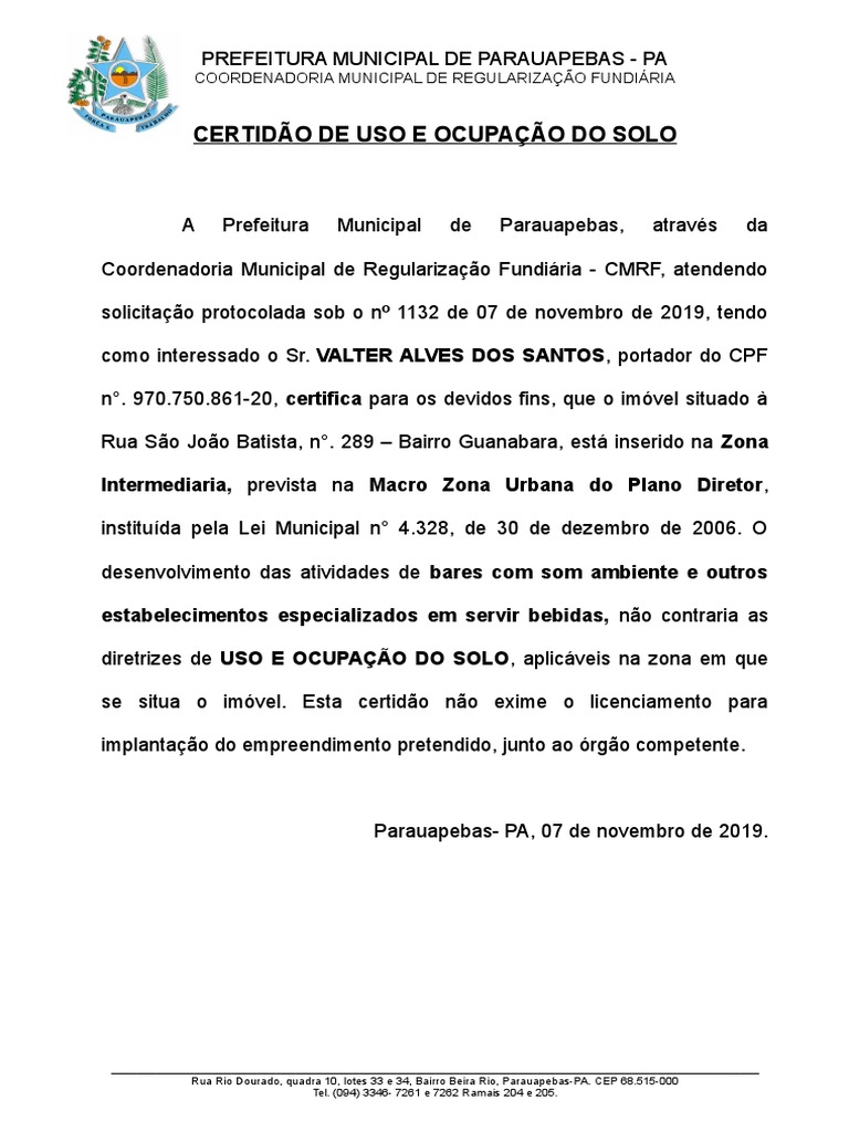 Certidão Uso Do Solo MODELO | PDF