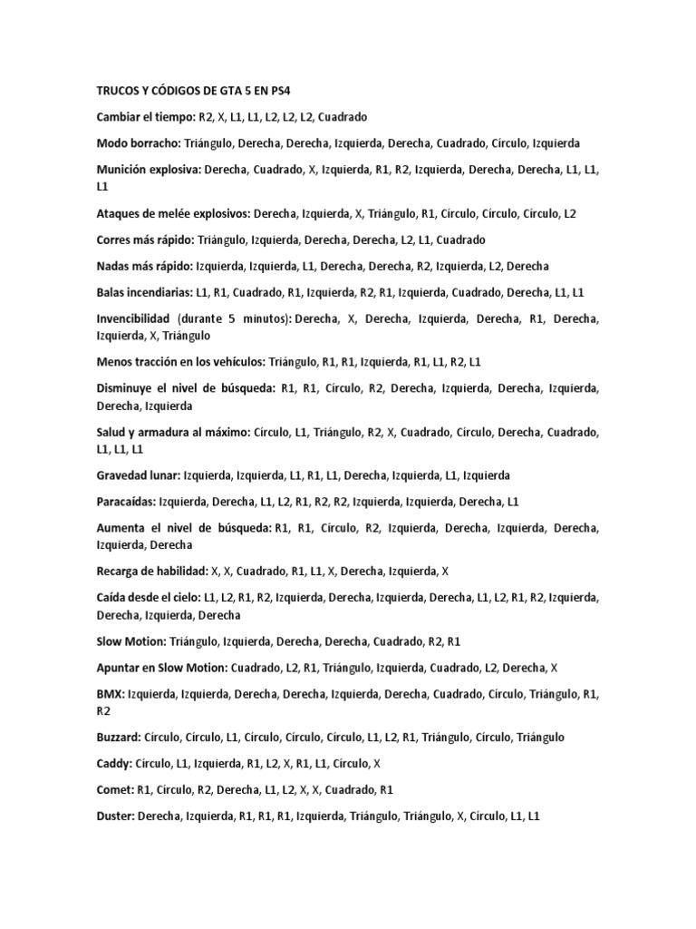 Trucos y Códigos de Gta 5 en PS4 PDF
