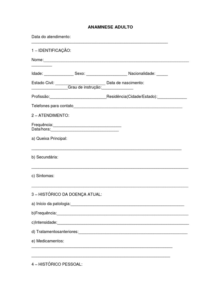 Anamnese Completa Adulto Paciente, PDF, Psiquiatria
