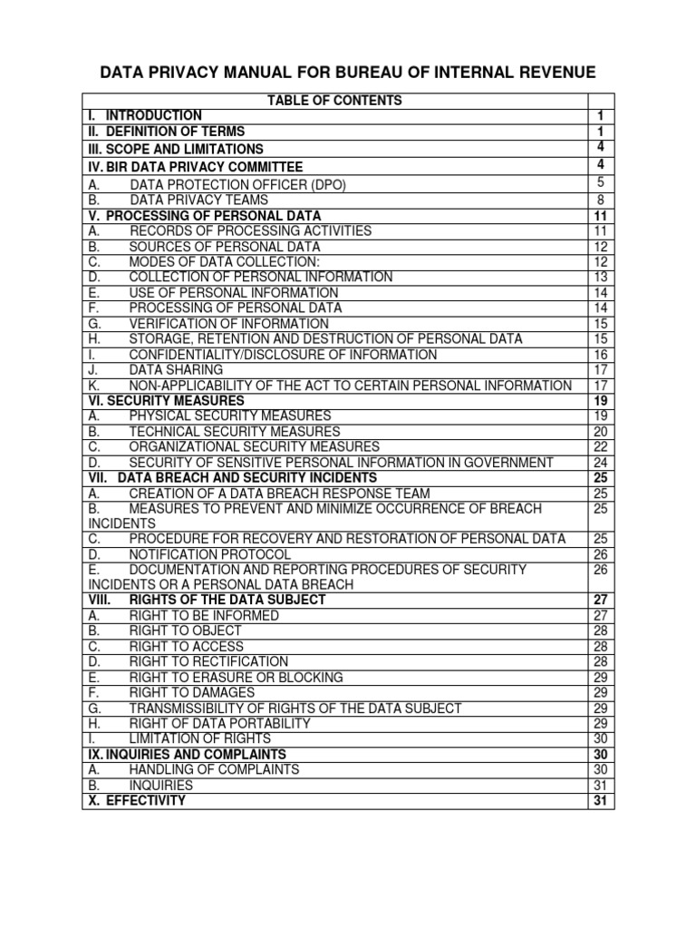 BIR Data Privacy Manual Overview | PDF | Information Privacy | Privacy