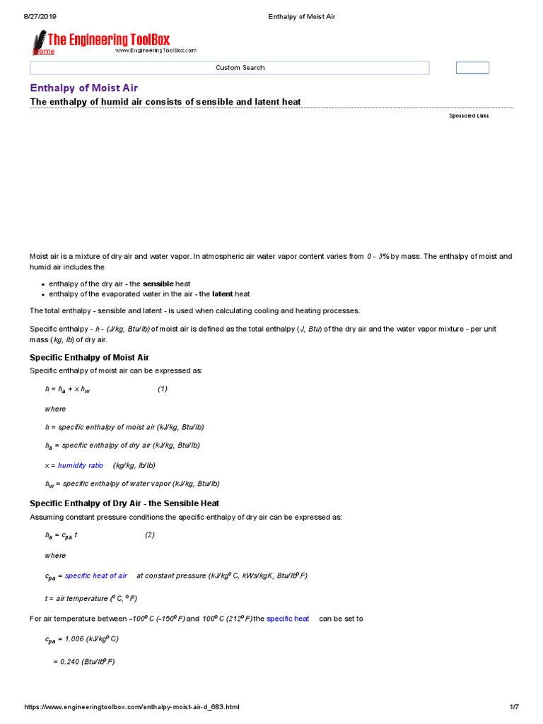 Enthalpy of Moist Air PDF Humidity Enthalpy