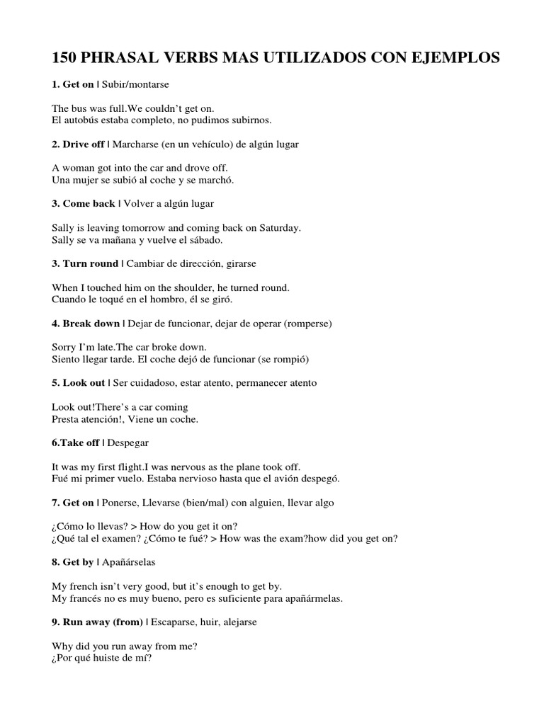 150 Phrasal Verbs Mas Utilizados Con Ejemplos | PDF